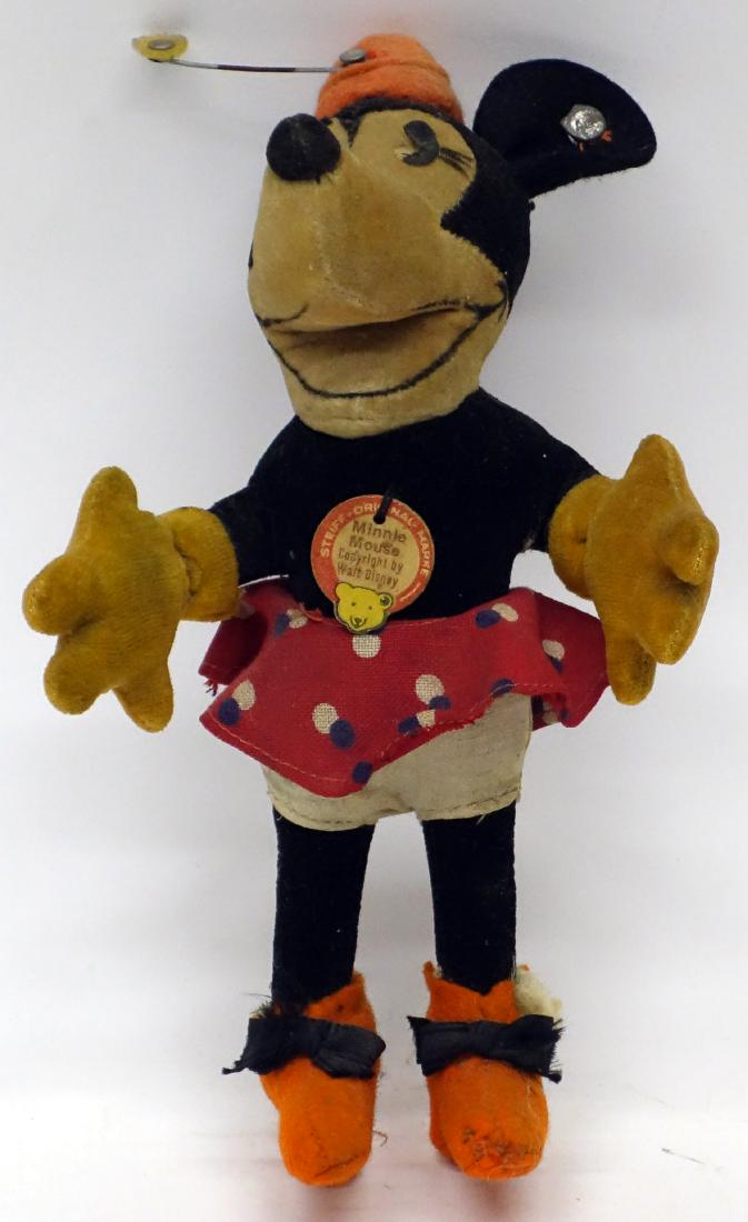 STEIFF MINNIE MOUSE: Cloth; retains ear tag and paper label; dirty and cloth loss on shoes; H-6 1/2"; P-F