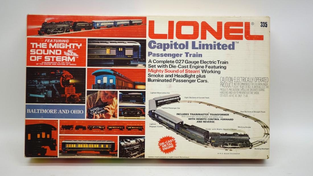 LIONEL CAPITOL LIMITED TRAIN: 027 Gauge; B&O die-cast engine with tender and (3) illuminated passenger cars; original box; L-53", M
