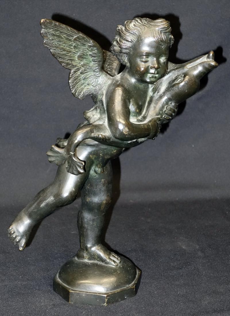 CHERUB & DOLPHIN BRONZE: Unsigned; 20th century; H-14 1/2", G-VG