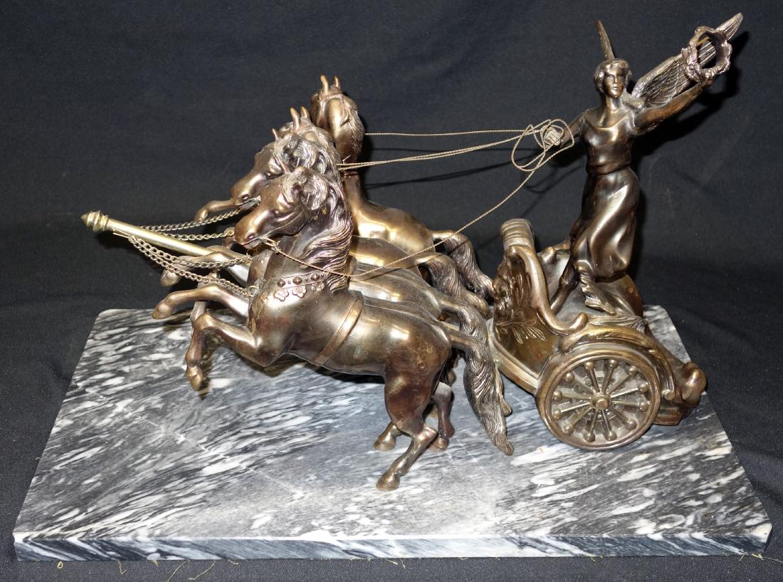 WINGED VICTORY BRONZE: Unsigned; contemporary; Victory drawn by 4-horse chariot; marble base; H-14", L-20", G-VG