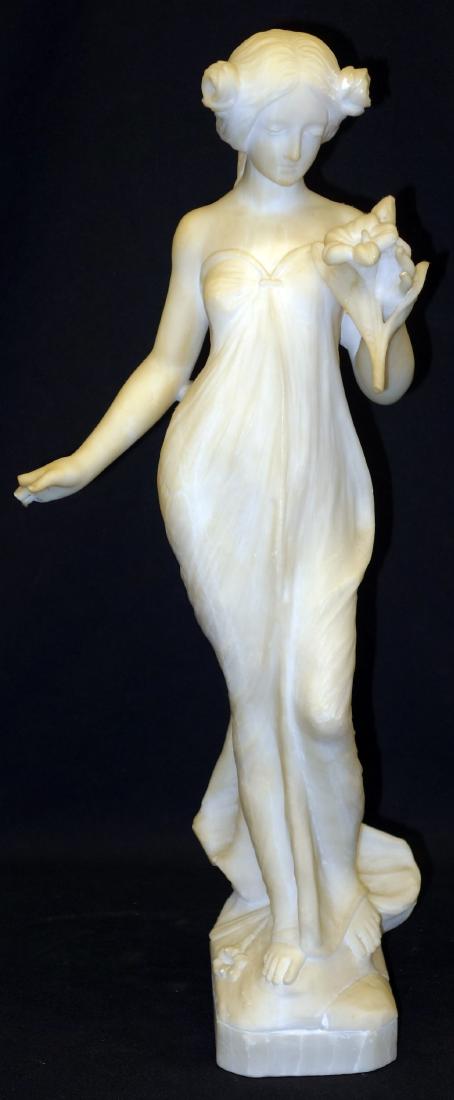 ART NOUVEAU ALABASTER SCULPTURE: Carved alabaster; repair at wrist and flowers; missing fingers on right hand; H-21", F-G