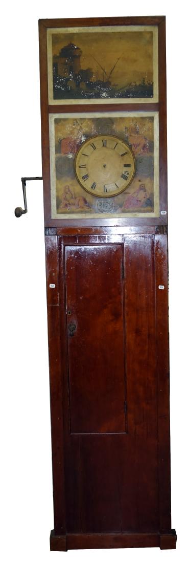 ORGAN FLUTE CLOCK: Roller organ clock; mahogany case; painted tin panels; extra cog; project clock; flaking, parts of sides missing, but some present; H-98", P-F