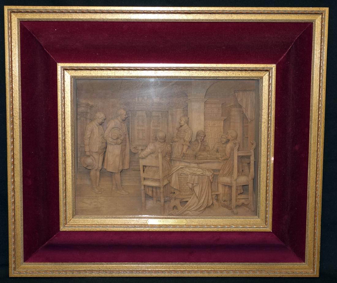 "THE INTRODUCTION" CARVED PLAQUE: "E. Steiner" artist; intricately carved walnut shadow box framed; exhibited at the Annual Exhibition Pennsylvania Academy of Arts, 1883; retains partial label; image 11" x 15" , G-VG