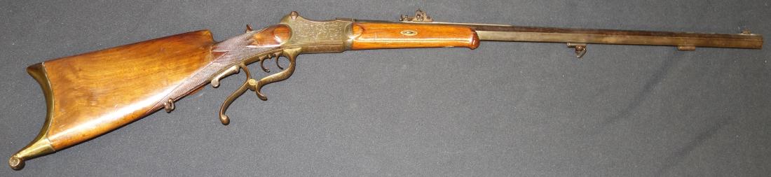 T. R. KEMM LONG GUN - TARET SCHUTZEN RIFLE: Missing rear site and ramrod; some surface pitting; L-47", G