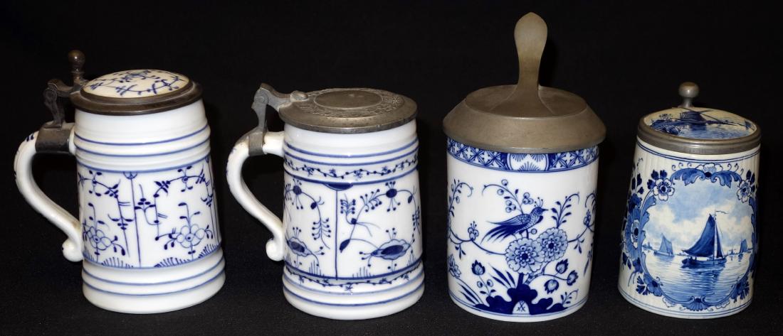 DELFT & MEISSEN STEINS (4): (2) marked with crossed swords, (1) Delft mark, hairline; normal wear; H-6"-7", G-VG