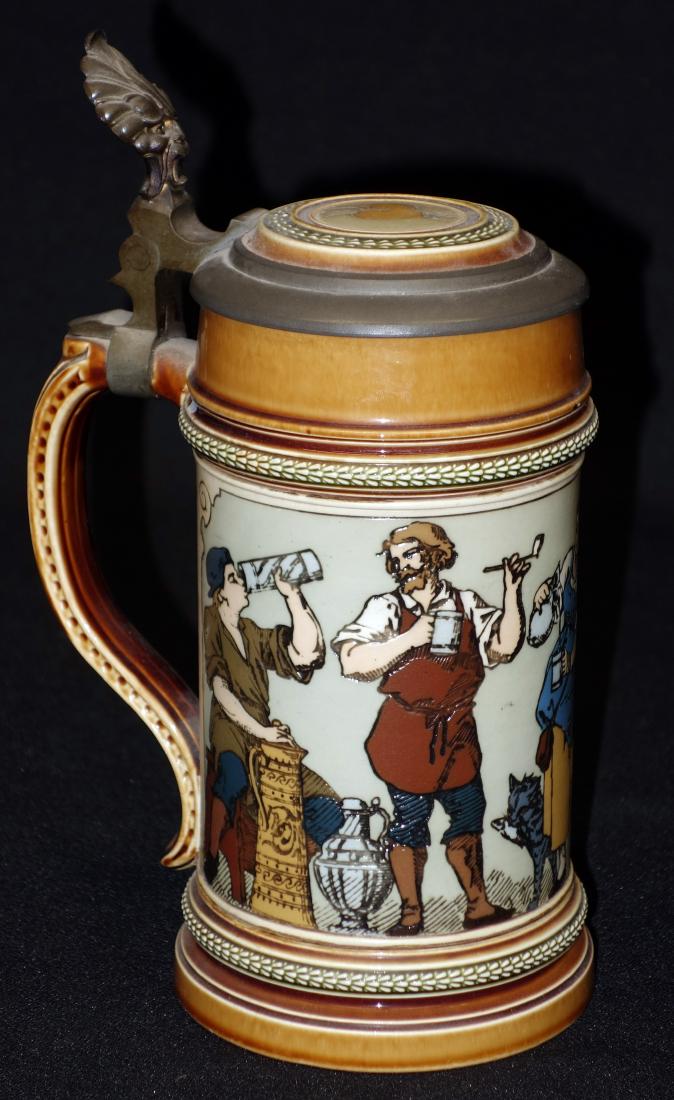 METTLACH STEIN #1164: 1/2 L, tavern scene, signed Warth 1881; interior staining; normal wear; H-8 3/4", G