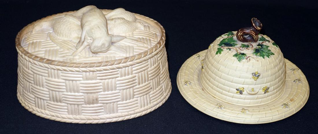 LOT OF (2): GAME POT & HONEY POT: (1) basket weave earthenware game pot with rabbit and bird cover; small chip in lid, lid repair, L-9"; together with (1) honey pot, beehive form, embossed with leaves and bees, finial looks repaired; 