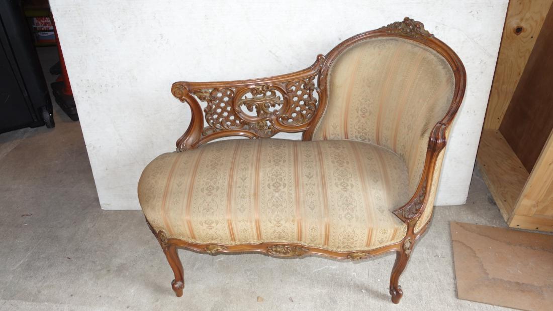 ROCOCO STYLE RECAMIER: carved walnut, pierce carved back; original upholstery; wear; H-32", L-38", G