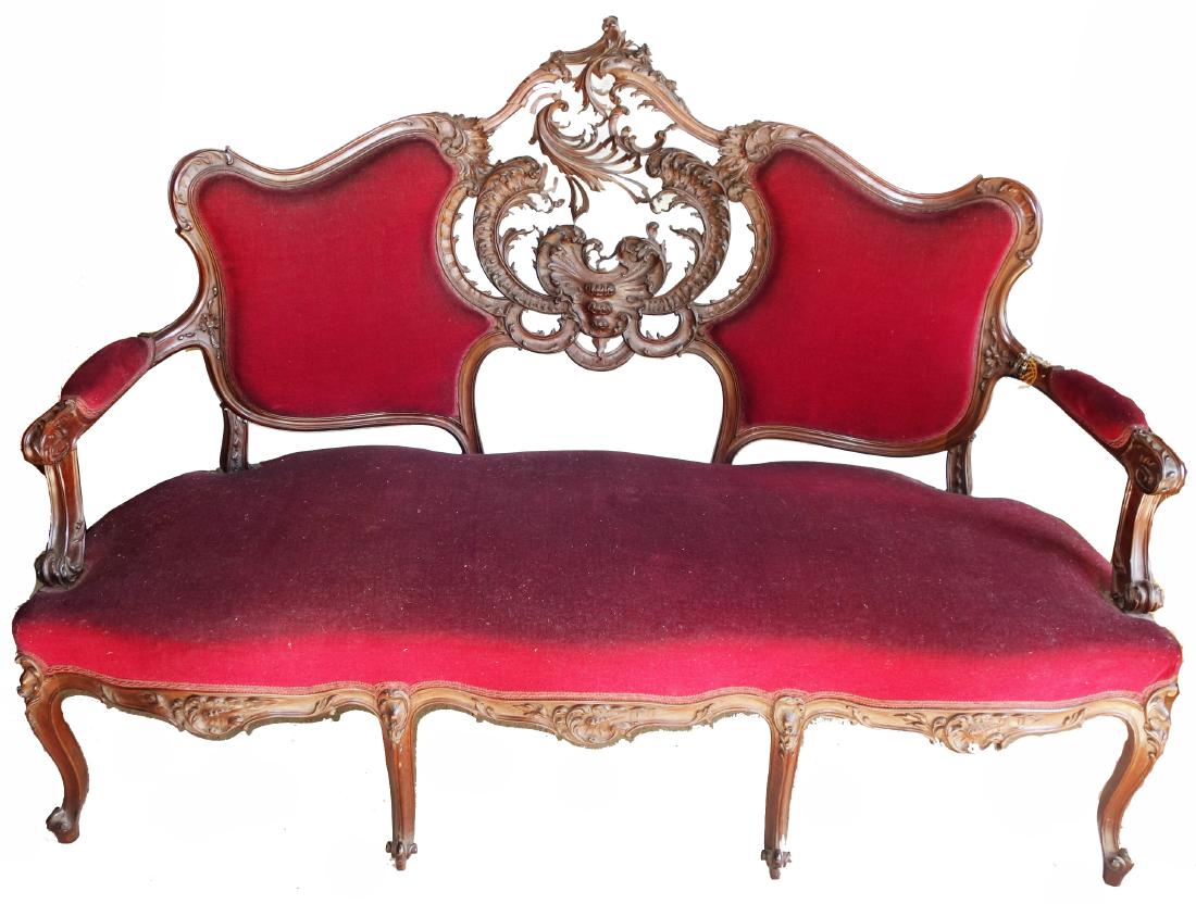ROCOCO STYLE SETTEE: Elaborately carved walnut, pierce carved back; open arm; damage and some loss; H-42", L-60", F