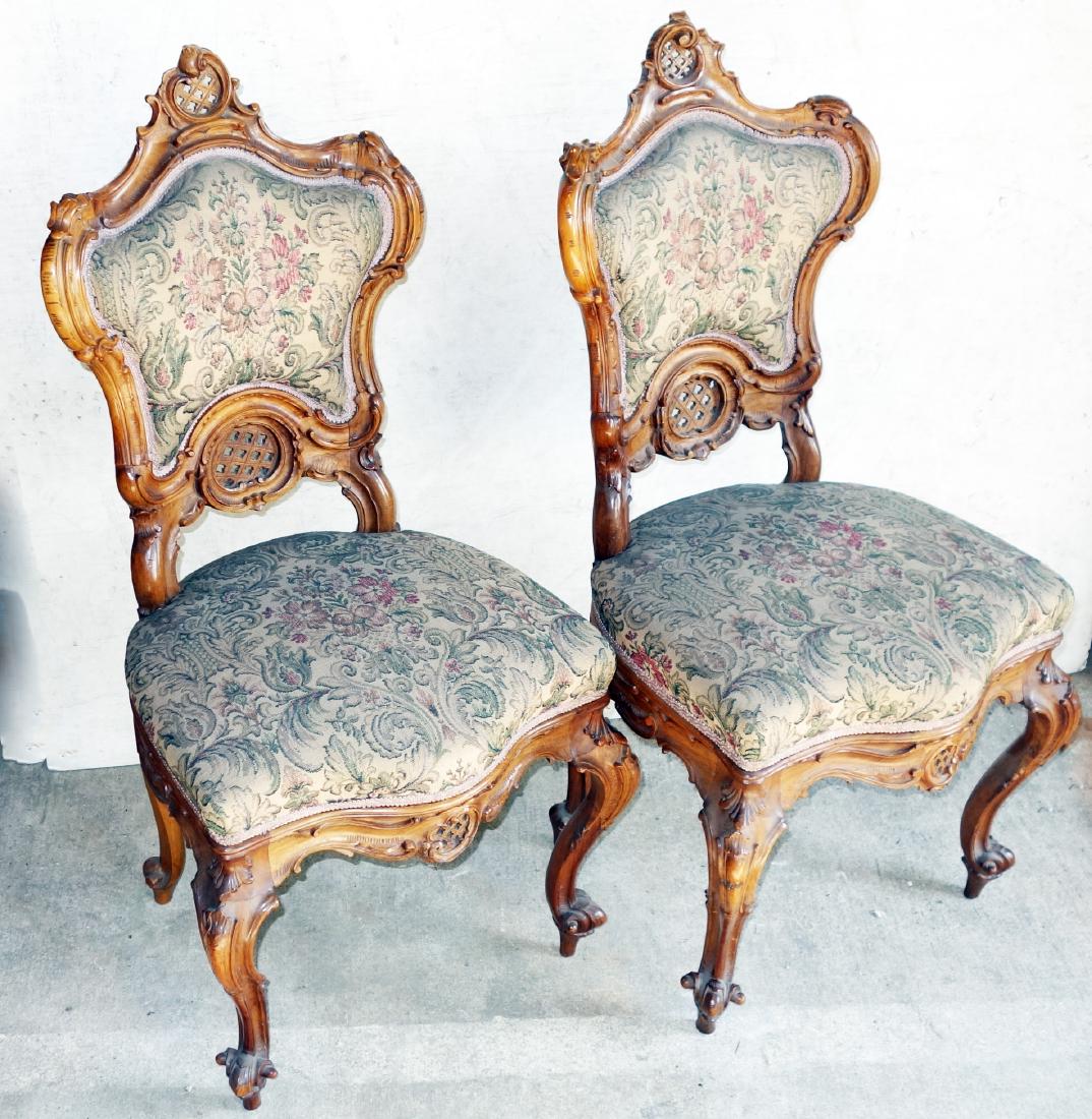 ROCOCO STYLE CHAIRS (3): Carved walnut; shaped upholstery back; some open work; (1) leg broken; H-40", W-19", G