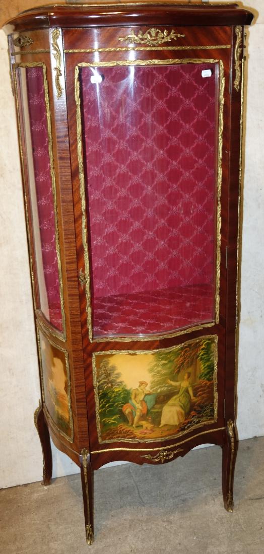 VERNIS MARTIN STYLE CURIO: Bronze ormolu, mahogany with transfer scenes; replaced plexiglas; H-60", W-26", G-VG
