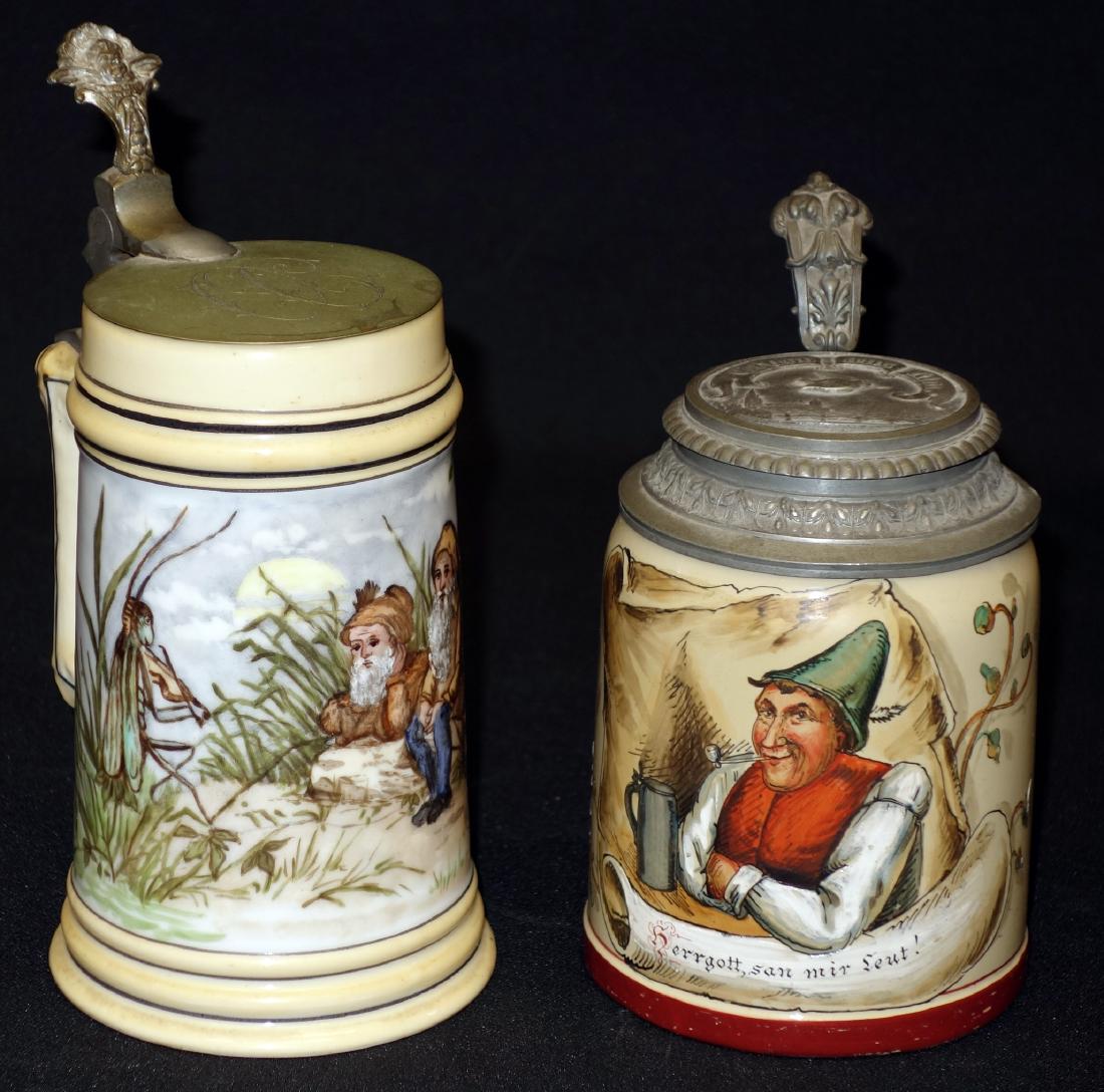 STEINS (2): Hand painted; porcelain and pottery; (1) grasshopper, fiddler and dwarves; lithophane; (1) tavern scene with man and pipe; #1526; normal wear; H-6"-8", G-VG