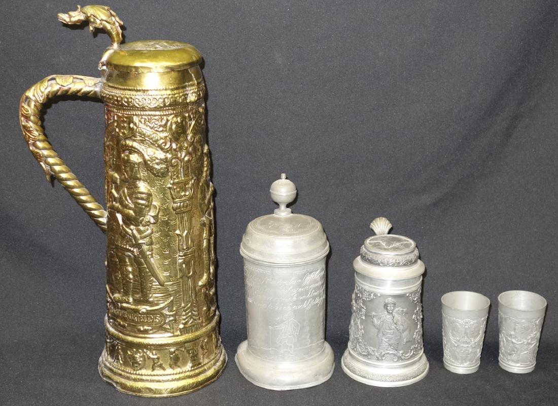 METAL STEIN & CUPS (5): (1) early pewter stein 1804, dings; (1) pewter stein with hunting scenes; (2) pewter cups, (1) tankard stein, thin stamped brass with dragon handle, dings, tallest H-19", F-G