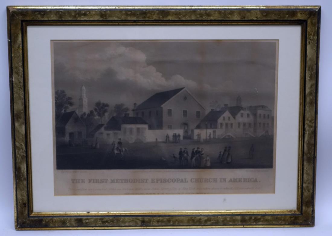 FIRST METHODIST EPISCOPAL CHURCH IN AMERICA ENGRAVING: Painted by Joseph Smith; engraved by Lewis Delnoce; matted and framed; toning; 13" x 18", F
