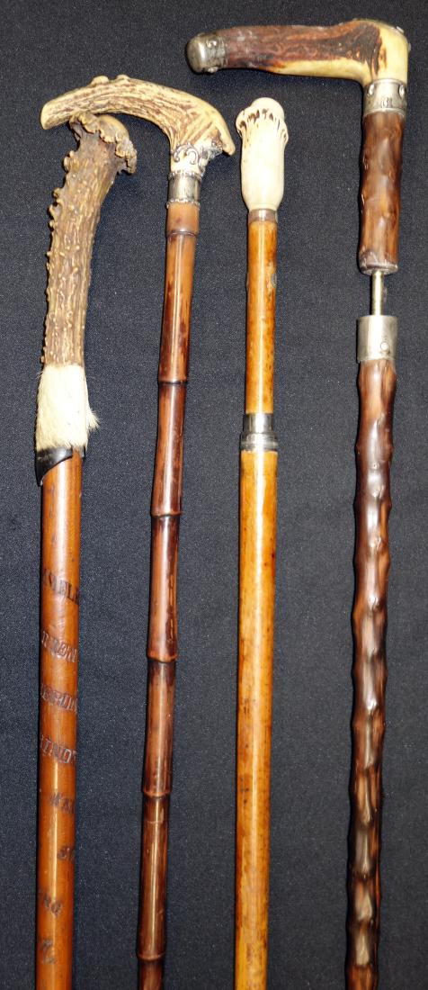 ANTLER CANES (4): Malacca wood, etc; some silver trim; (1) marked 1891; (2) missing ferrules; normal wear; L-35"; G