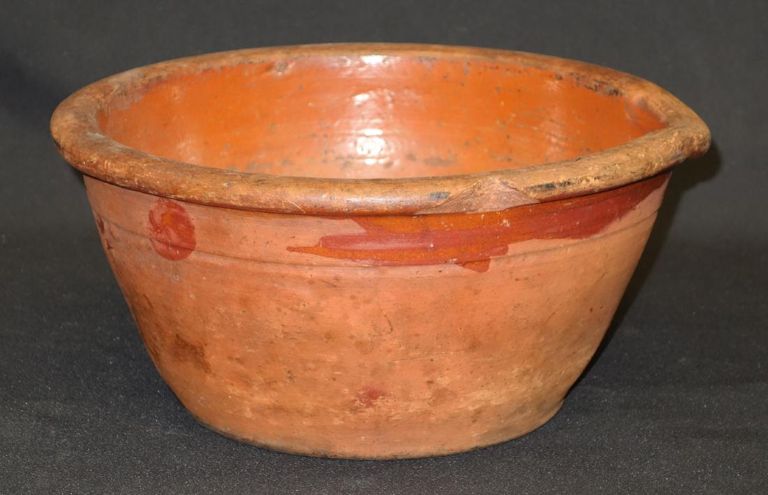 RED WARE (3) PCS.: (1) batter bowl, edge chip and wear, Dia.-11"; (2) redware pieces, small chips and wear; H-5"-8 1/2", F-G