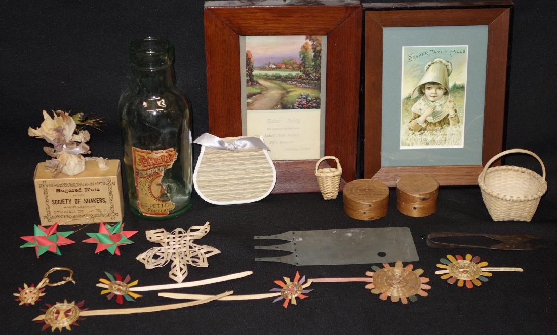ASSORTED SHAKER ITEMS: Bottle with partial label, (2) trade cards; sugar nuts box; pin cushion; finger box template; miniature newer baskets; whimseys; partial label on bottle; bottle H-8", F-VG