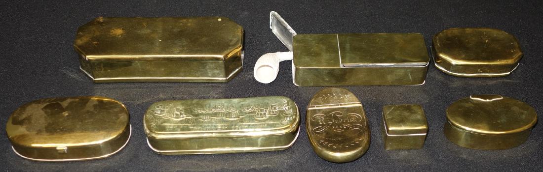 EARLY BRASS BOXES (8): Snuff, eyeglass, etc.; all hinged; polished; some dings and dents; longest L-6", G-VG