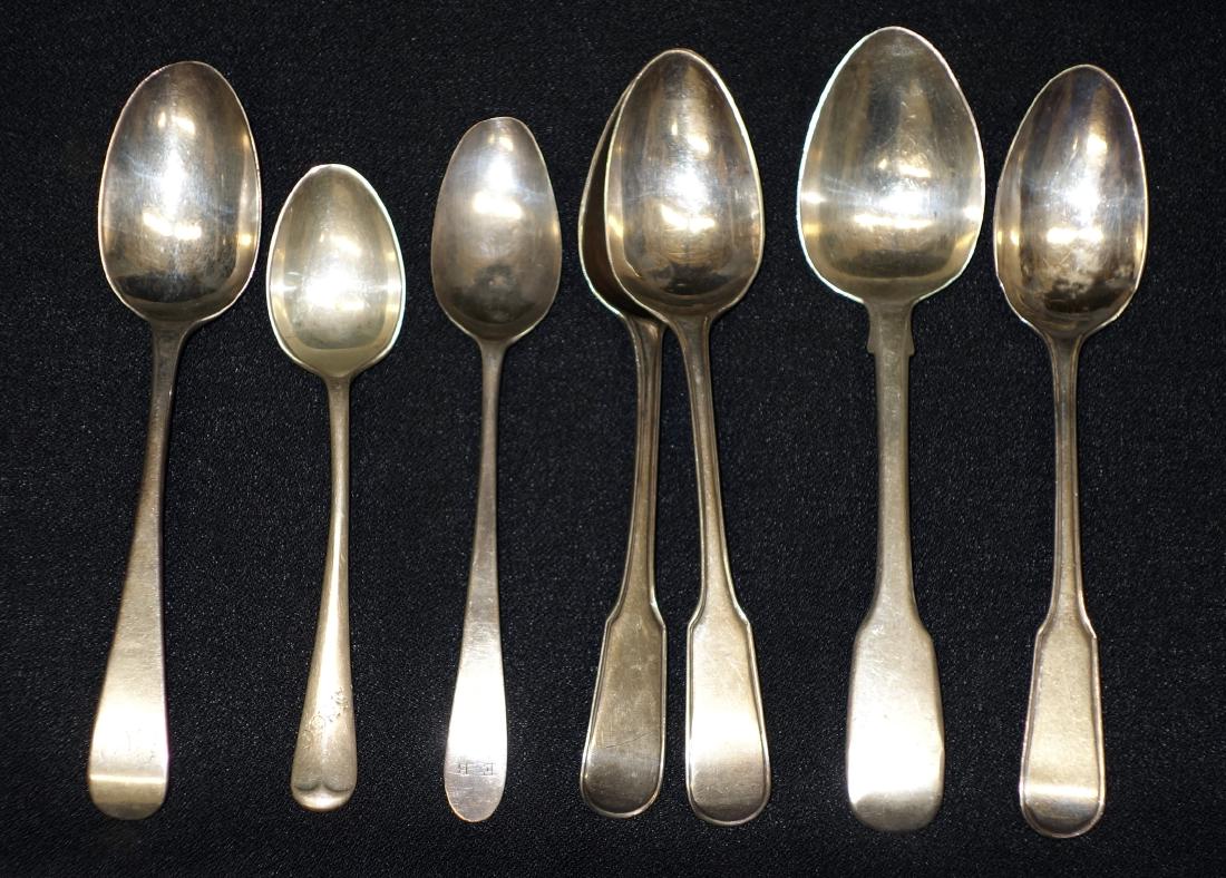 ENGLISH SILVER TEASPOONS: (1) Smith & Fearn; (1) Chas. Chesterman; (1) J. Roberts; (2) Smith & Fearn; (1) Godbeher & Wiggin; (1) unknown; 4.1 +/- TO