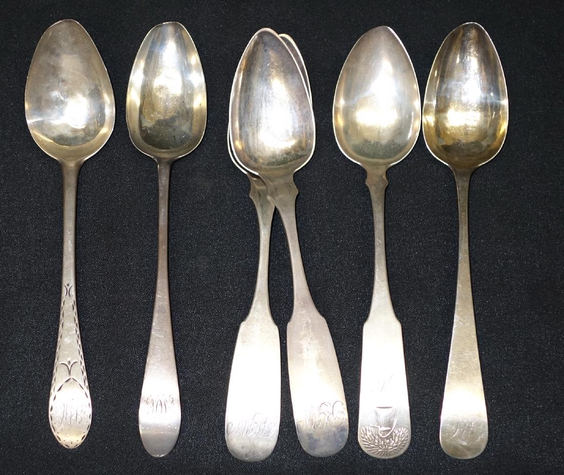 SILVER TABLESPOONS (6): (1) W. Ball, (1) C. T. & I. W., (2) G. Beatty, (1) Henry Porter & Co. Sheaf of wheat; (1) illegible; monogrammed; 10.2+/- TO; L-9"