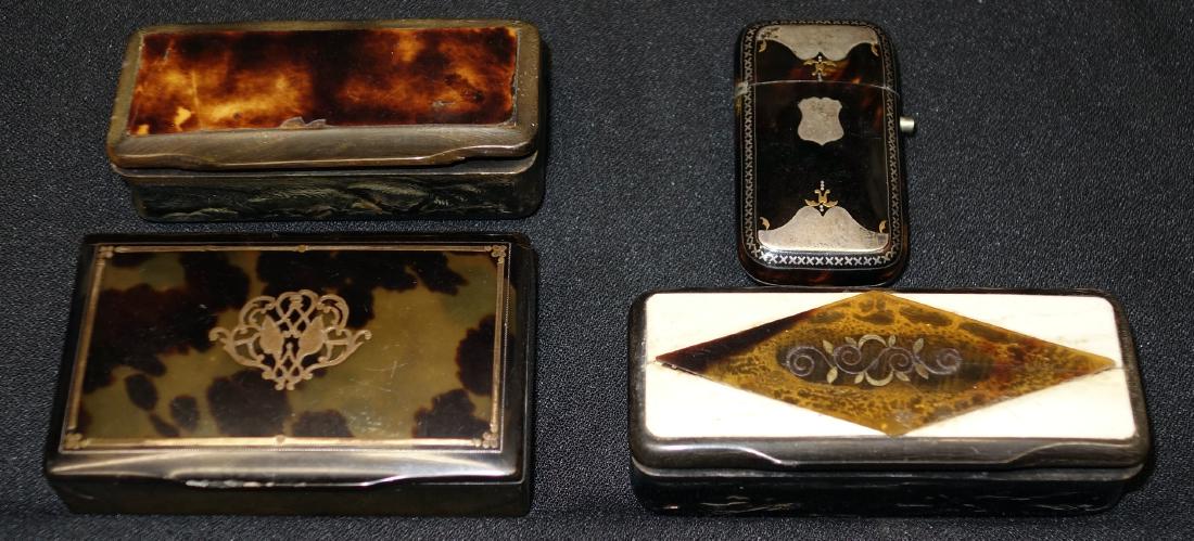 TORTOISE & HORN BOXES (4): (1) snuff, rectangular, gold tone, metal inlay lid; (1) snuff, rectangular, horn body; (1) match safe, silver and gold tone inlay, all have some imperfections; (1) snuff, rectangular, horn inlay, etc.