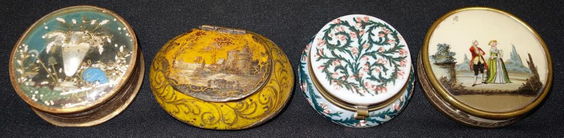 MINIATURE BOXES (4) SNUFF, ETC.: (1) bristol glass, enameled floral decoration; (1) brass, painted castle scene; (1) memorial, beaded and mother of pearl, bottom cracked and beadwork loose; (1) reverse painted courtship scene, loss o