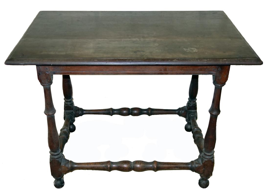 EARLY TAVERN TEA TABLE: Block and turned legs and stretcher; repair to top; wear; H-24 1/2", L-33 1/2", F-G