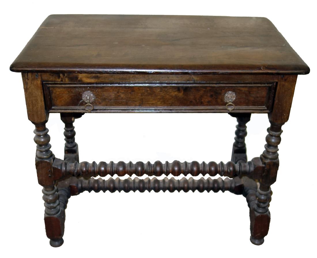 EARLY OAK WORK TABLE: Single drawer; turned legs and H-stretcher; pegged construction; old repairs; H-27 1/2", L-33", F-G