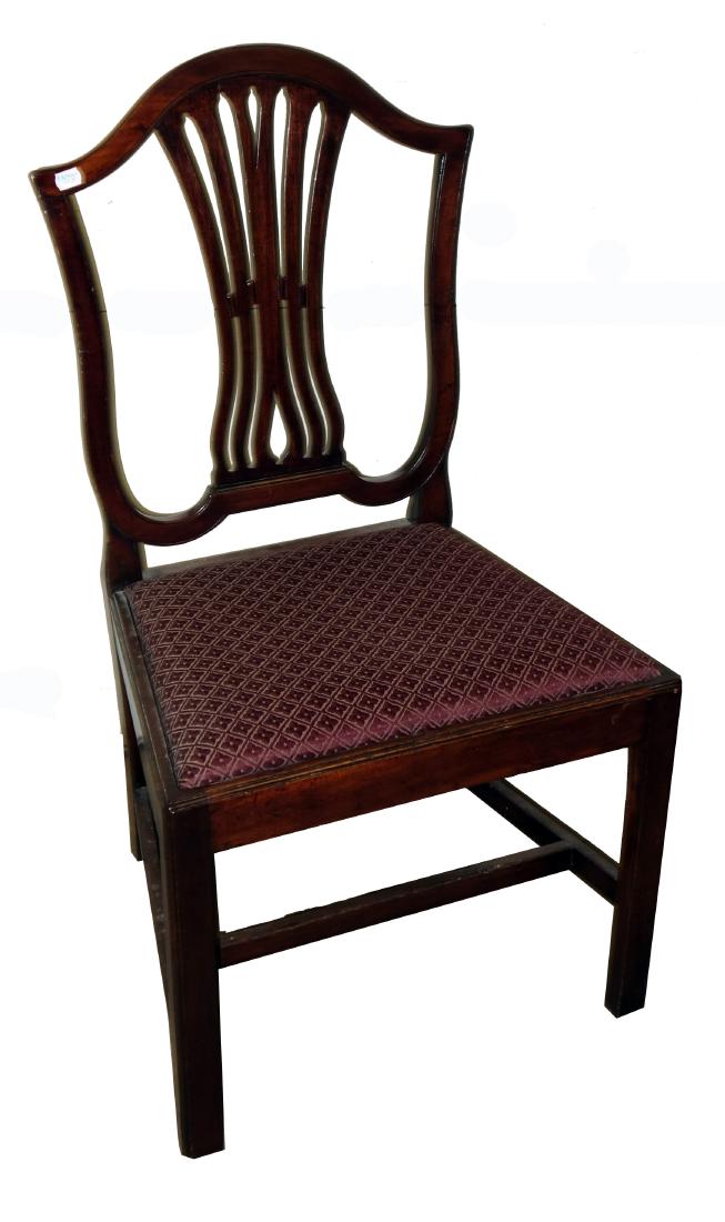 ANTIQUE CHIPPENDALE CHAIRS (4): Mahogany, pierced splat back; H-stretcher; old repairs; H-37", W-21", G