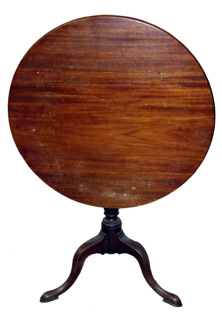 QUEEN ANNE TILT TOP TABLE: Mahogany, turned pedestal; slipper feet; normal wear; H-29", Dia.-30", G
