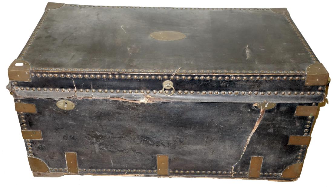 LEATHER & BRASS SHIPPING TRUNKS: (1) "W. Pinchbeck" brass plaque, camphor wood; (1) lined, leather crazed and split; largest H-21", L-42", F