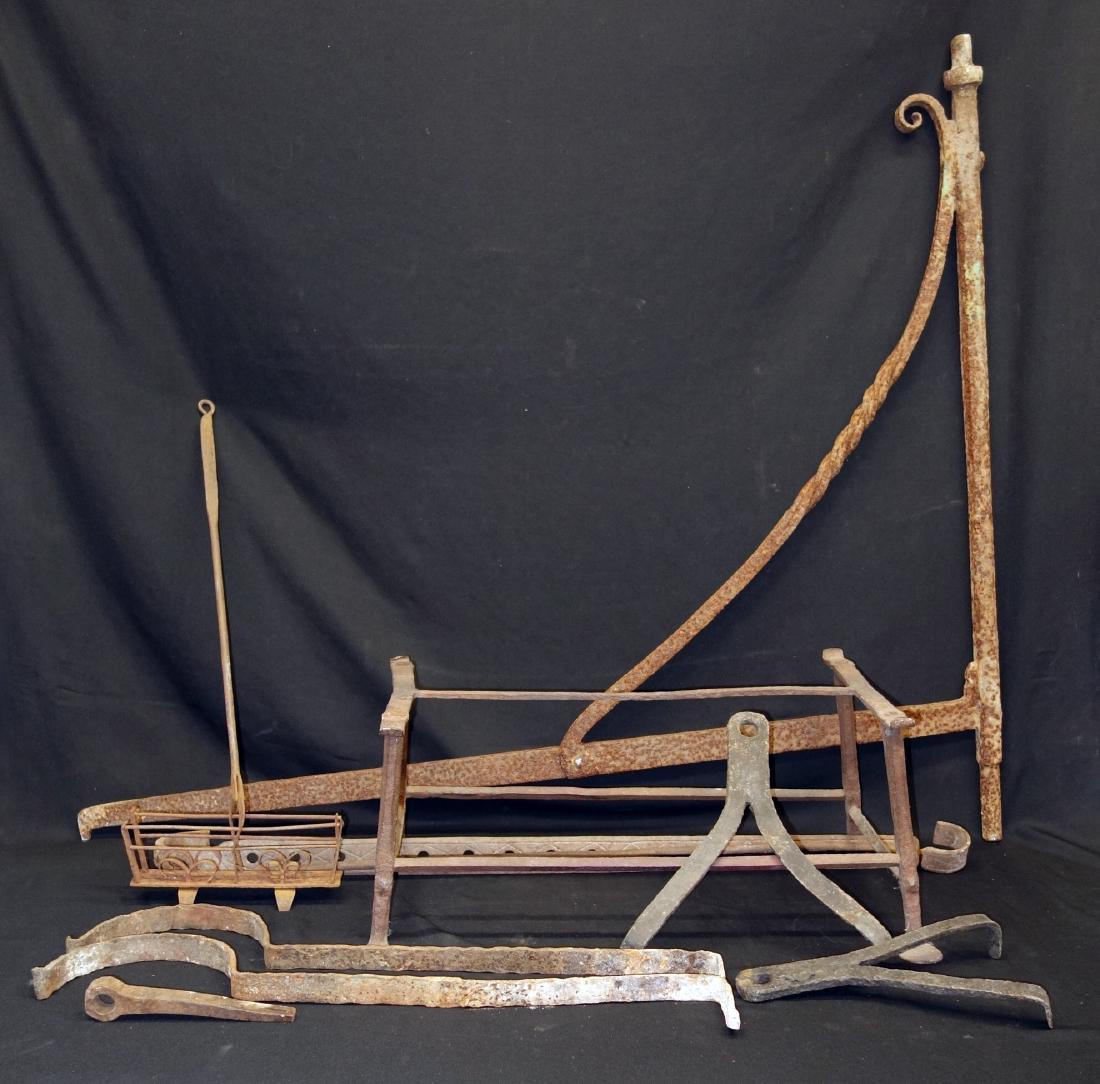 EARLY WROUGHT IRON: Tramel, penny foot base, toaster, etc.