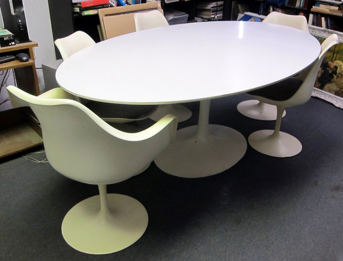 SAARINEN DINING TABLE & (6) CHAIRS: White enamel, original cushions; all chairs are marked Knoll - on a black plate under the cushions on the chairs; H-29", L-78",