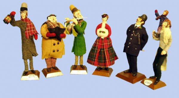 6 SIMPICH CHARACTER DOLLS: LOT OF 6 SIMPICH CHARACTER DOLLS - Large size; original and handmade; (1) man playing flute; (1) man holding lantern; (1) singing woman; (1) police officer; (1) singing man; (1) man with child on shou
