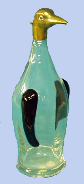 ART DECO AUSTRIAN FIGURAL PENGUIN GLASS BOTTLE: VINTAGE AUSTRIAN FIGURAL PENGUIN BOTTLE - Art Deco hand-made glass figural bodied penguin bottle with cast metal hinged flip top head, glass eyes; made in Austria original sticker on bottom; metal on