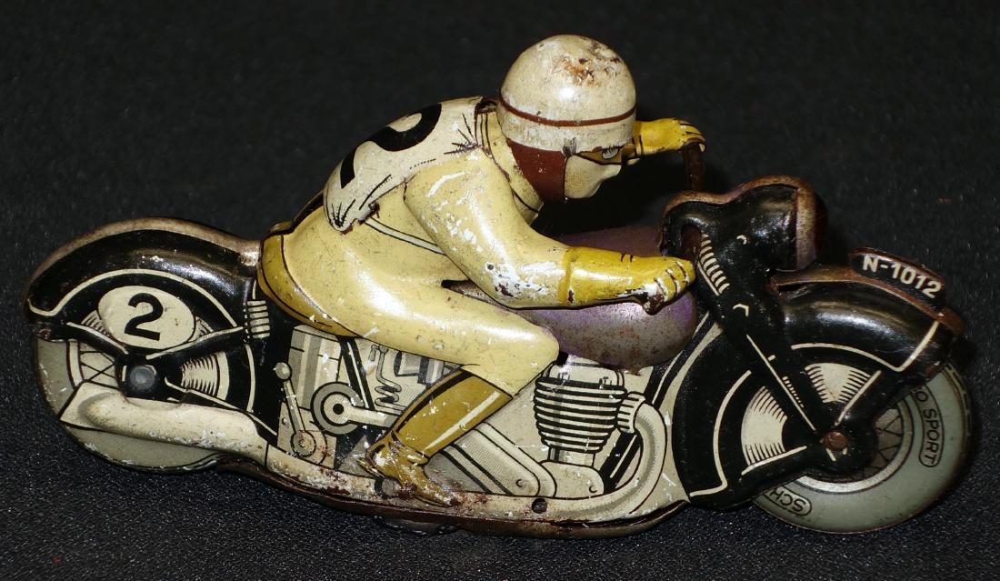 SCHUCO MOTORCYCLE TOY: Litho tin; mechanical; not working; faded, dents; L-5", F-G