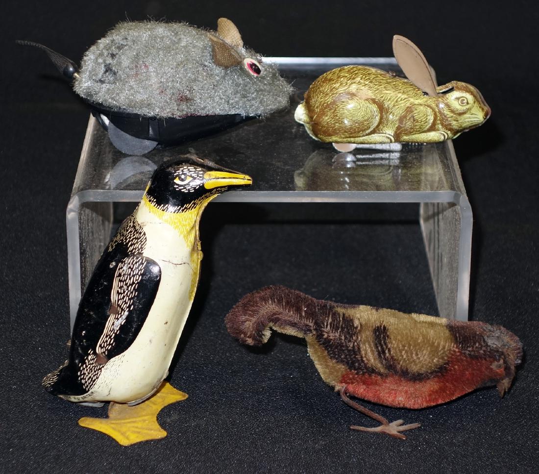 BIRD & ANIMAL TOYS (4): Litho tin, plush, etc.; mechanical; working; wear; tallest H-4 1/4", F-G