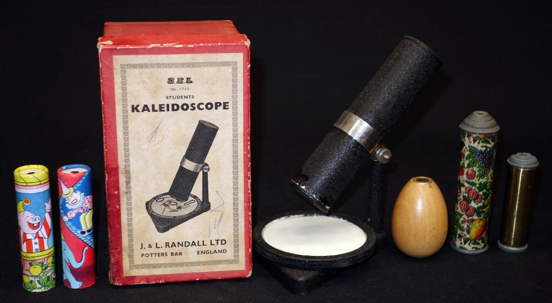 KALEIDOSCOPES (6): (1) boxed, (2) tin, (2) cardboard, (1) wood - egg shape; normal wear; box H-7", G-VG