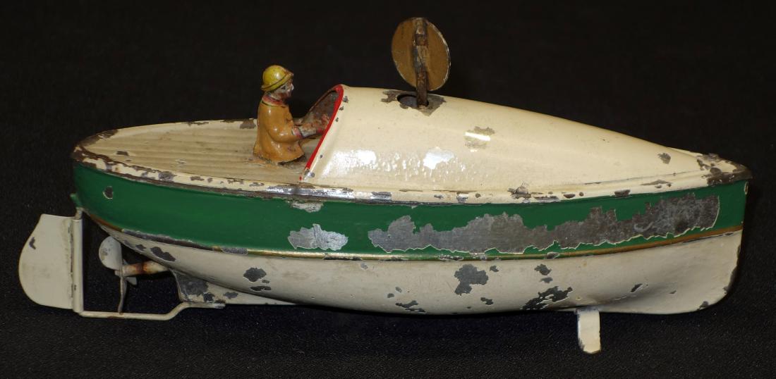 TOY BOAT LAUNCH: Germany, painted tin, mechanical, working, some paint chips, normal wear; L-7 1/4", G-VG