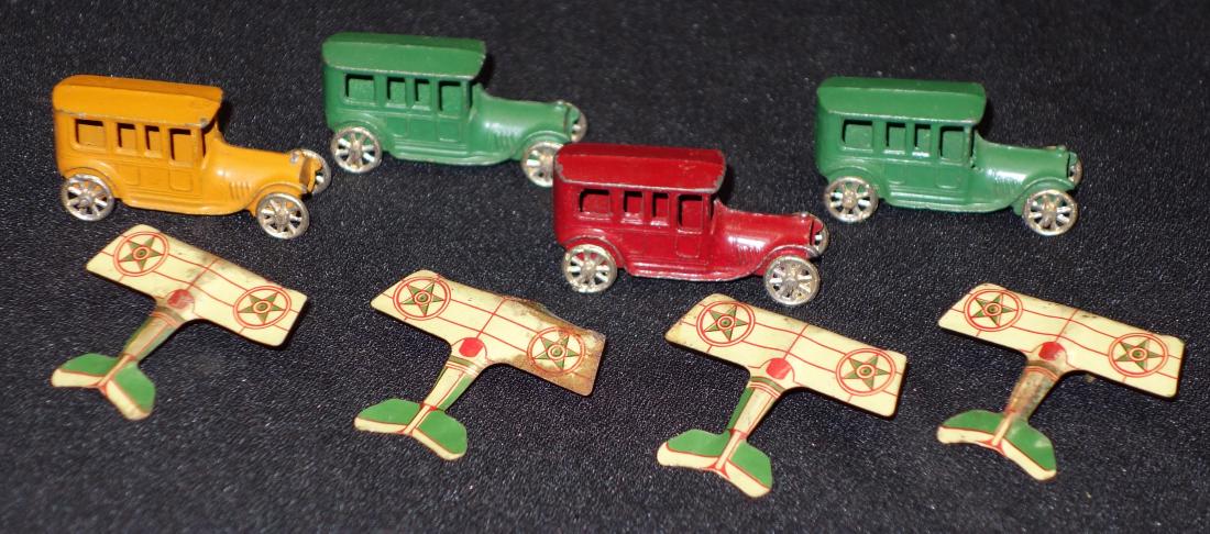 MINIATURE CARS & AIRPLANES: (4) pot metal cars, (4) litho tin airplanes; planes have some rust, L-1 3/4", G-VG