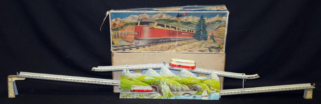 TECHNOFIX MOUNTAIN EXPRESS TROLLEY: Litho tin, mechanical, working; original box torn; L-43", VG-EX