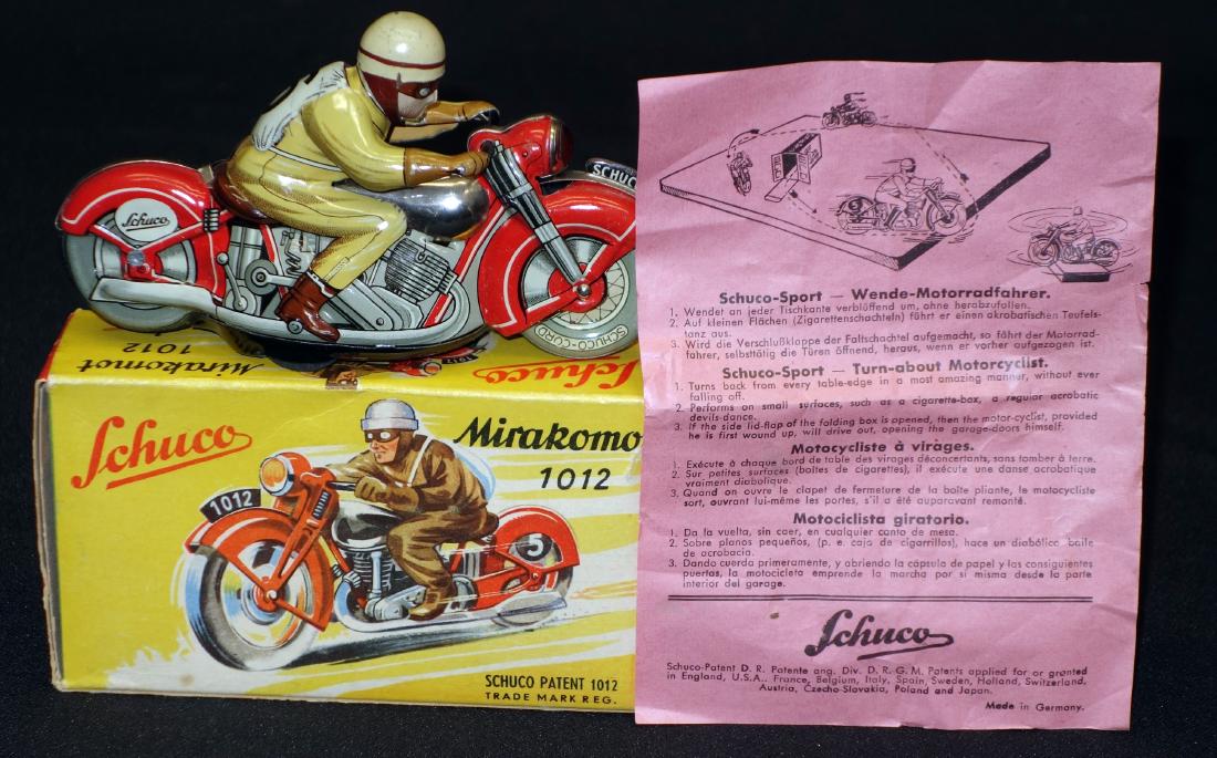 SCHUCO MOTORCYCLE TOY: Mirakomot 1012, litho tin; mechanical; working; original "Garage" box; L-5", EX-NM