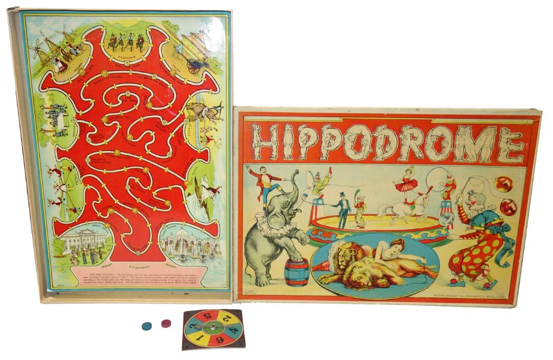 "HIPPODROME" BOARDGAME: Milton Bradley, litho paper and cardboard; complete; 11" x 16", VG-EX