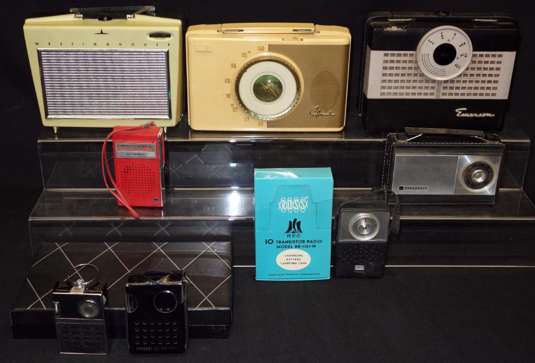TRANSISTOR RADIOS (7): Plastic, pocket, etc.; Emerson, Westinghouse, Sylvania, (2) Panasonic, Ross, GE; untested; (1) dial missing; normal wear; H-3 1/2" - 7", G-VG