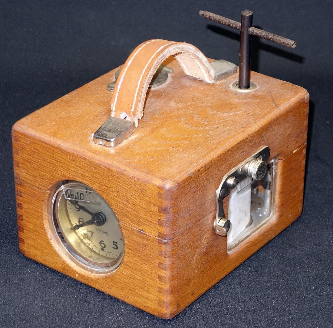 BENSING RECORDER: Germany, oak case with clock and paper roll recorder; key wind; L-8", G-VG