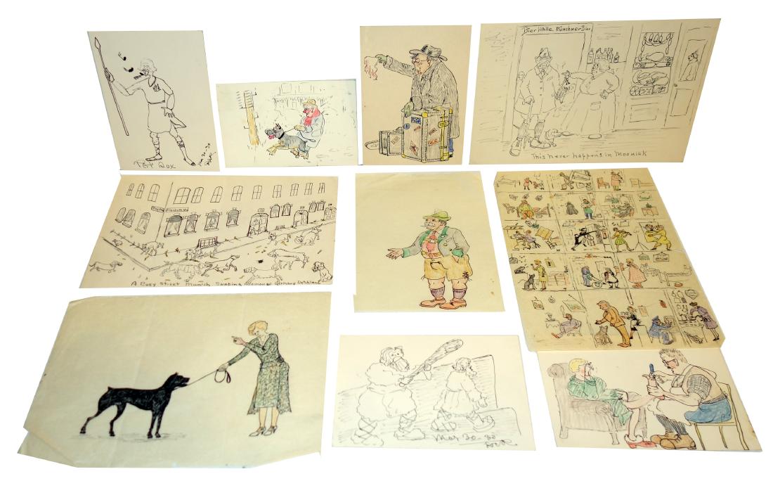 COMICAL CARTOONS (100+/-): Watercolors, largest 8" x 10", G