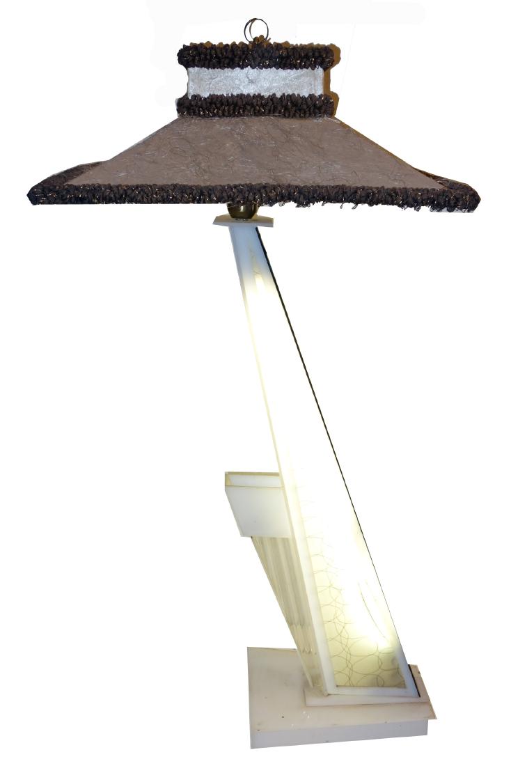 MODERNE FLOOR LAMP: Plastic with parchment and fabric shade; normal wear; H-56", shade Dia.-28", G