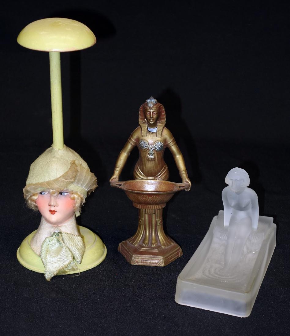 ART DECO DRESSER ITEMS: (1) Egyptian ring holder / incense, painted metal; damage at neck; (1) tray with nude, frosted glass; (1) hat stand, wood and composition; H-4"-9", G-VG