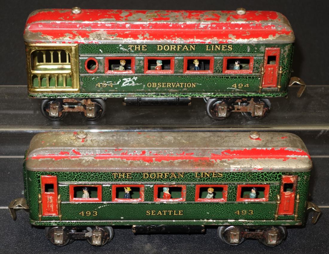 DORFAN PASSENGER CARS (2): Litho tin, passengers; flaking; L-9", F
