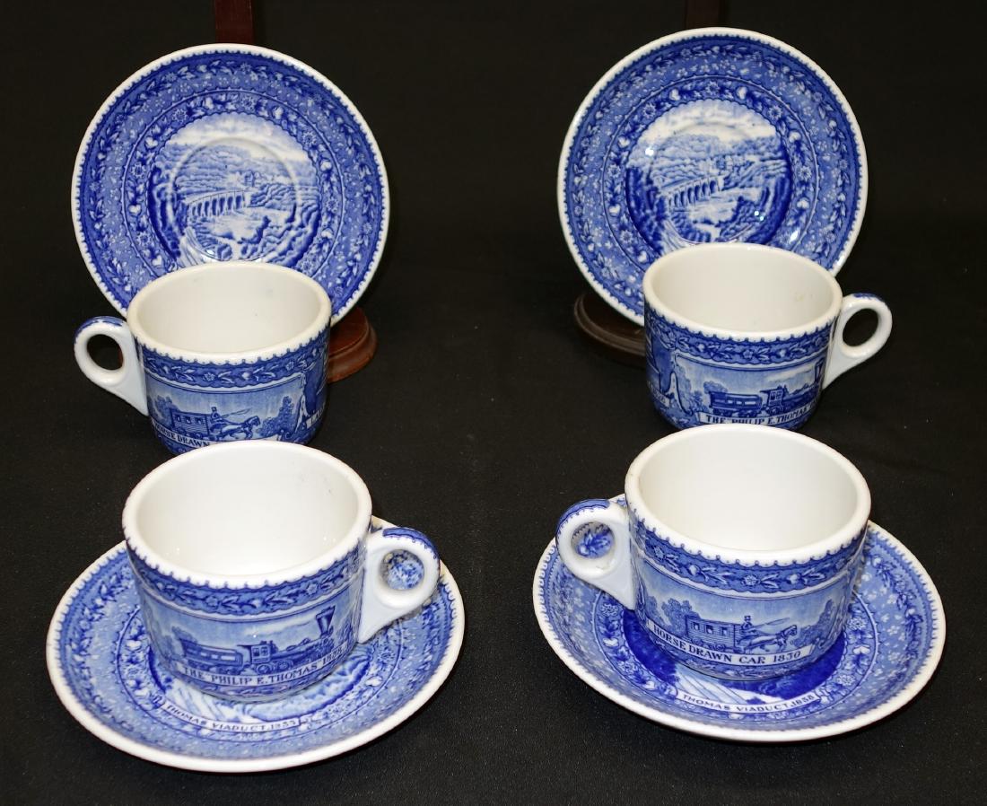 B&O RAILROAD COFFEE CUPS & SAUCERS (4) PCS.: Scammels Lamberton, Thomas Viaduct; H-3 1/2", G-VG